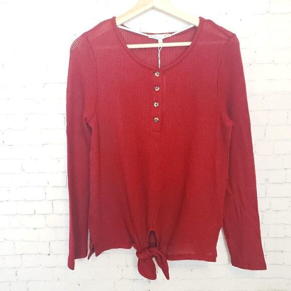 C&C California Tops - C&C California Top Size S Red Tie Front New Long Sleeve Waffle Knit Womens